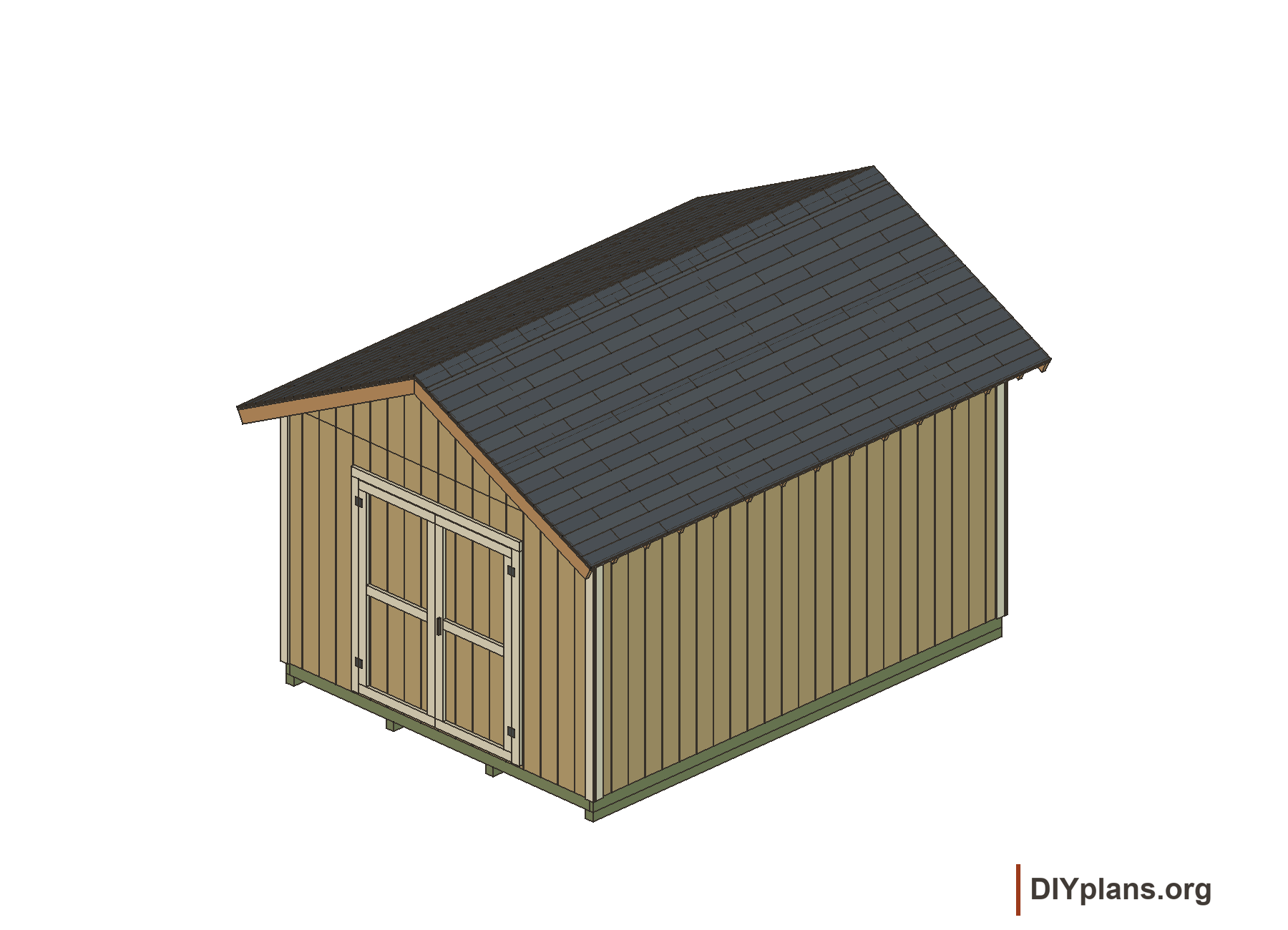 12×16 shed with front double doors and an uninterrupted right-hand side wall.