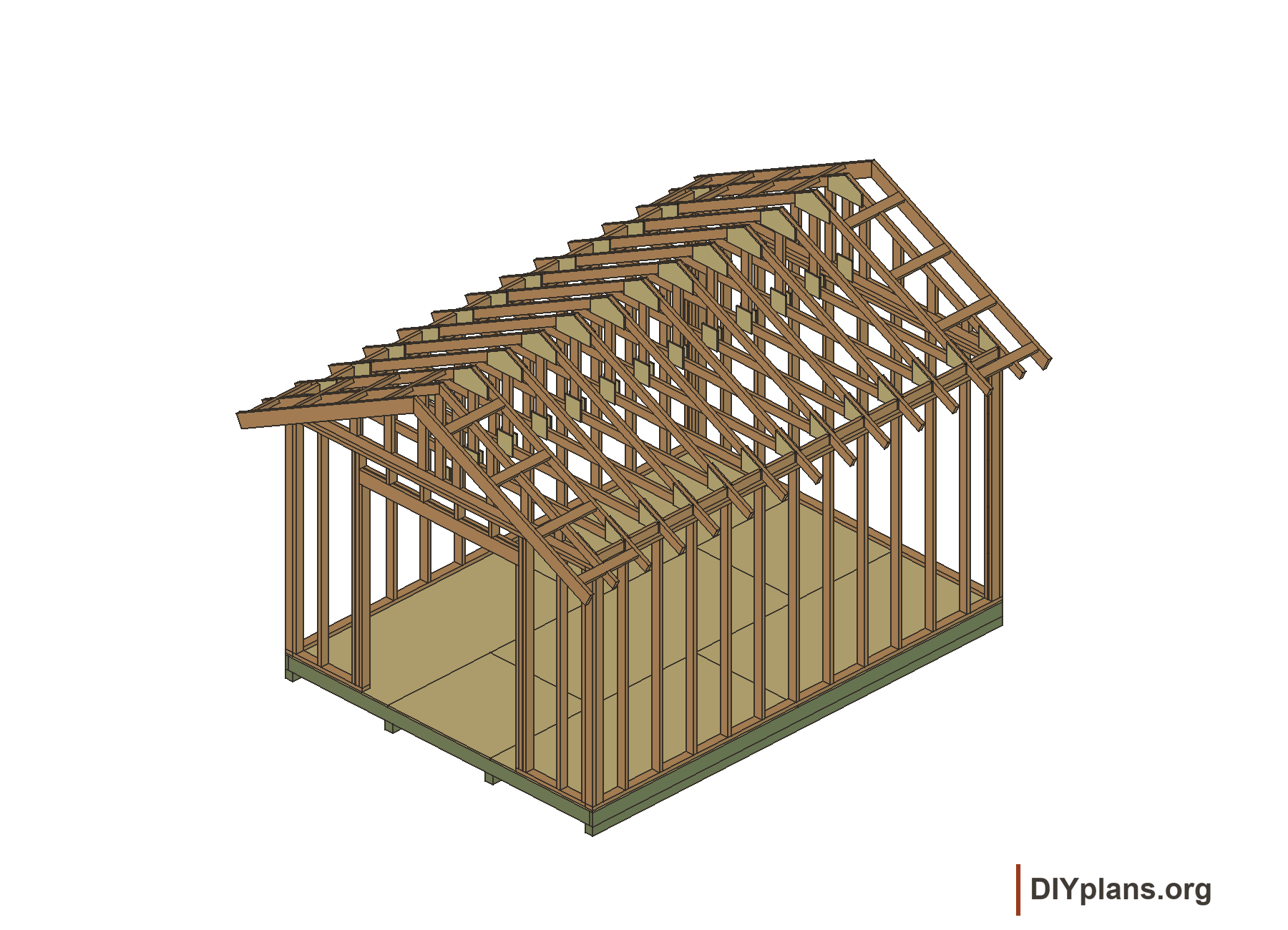 Exposed skid base, floor, wall framing and gable roof of the solid side wall variant.