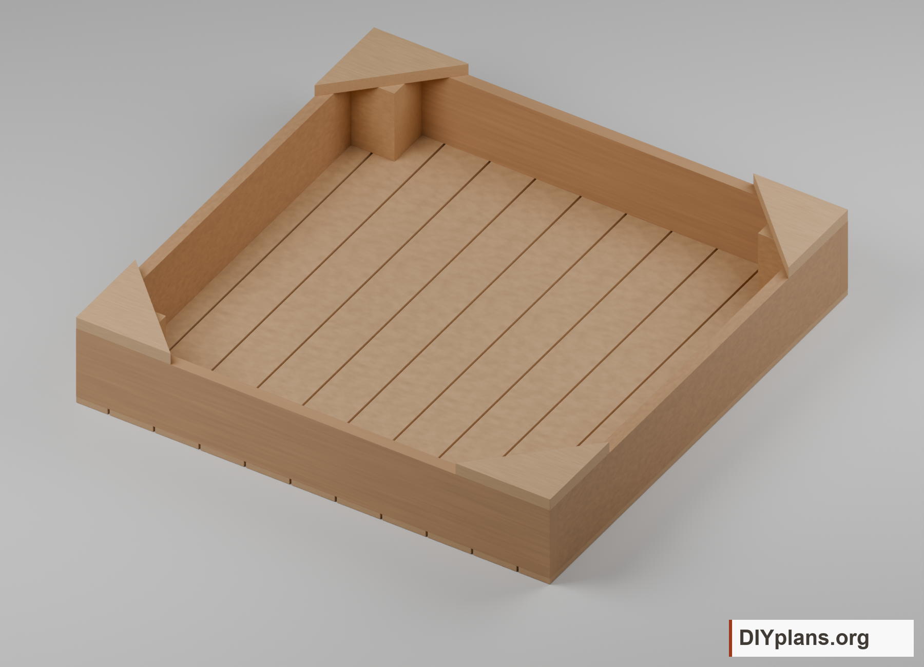 Wooden sandbox with plank floor, thick walls and four triangular corner caps.