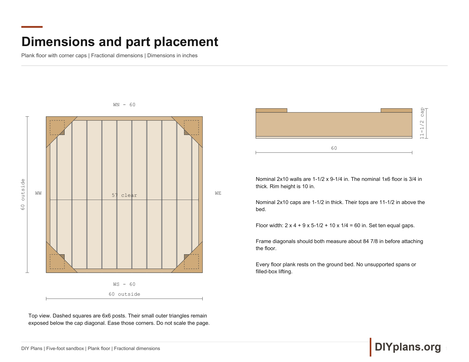 Dimensioned sandbox plan and elevation showing 60-inch outside and 57-inch clear interior.