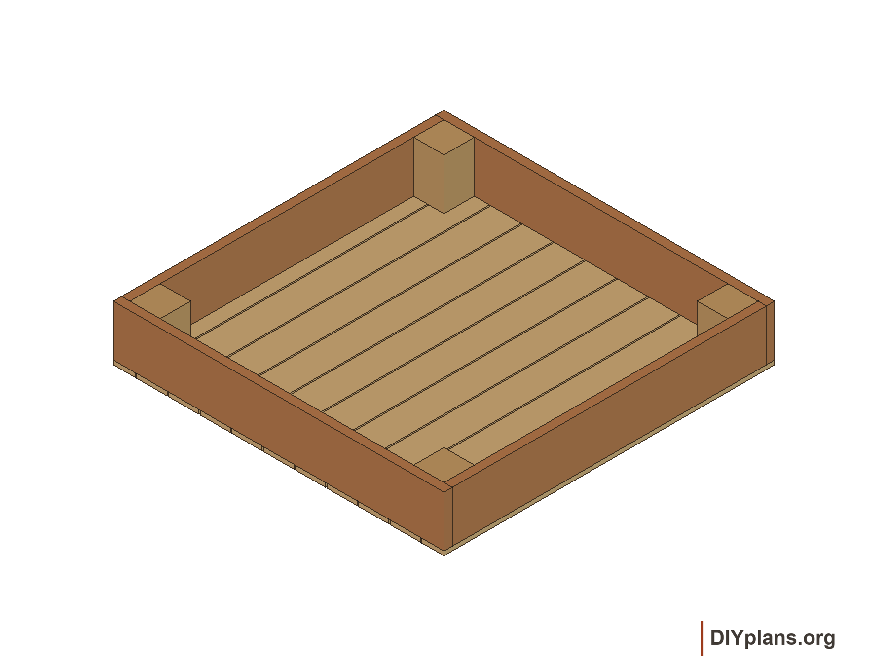 Sandbox frame showing nominal 2x10 walls and 6x6 corner posts on a plank floor.