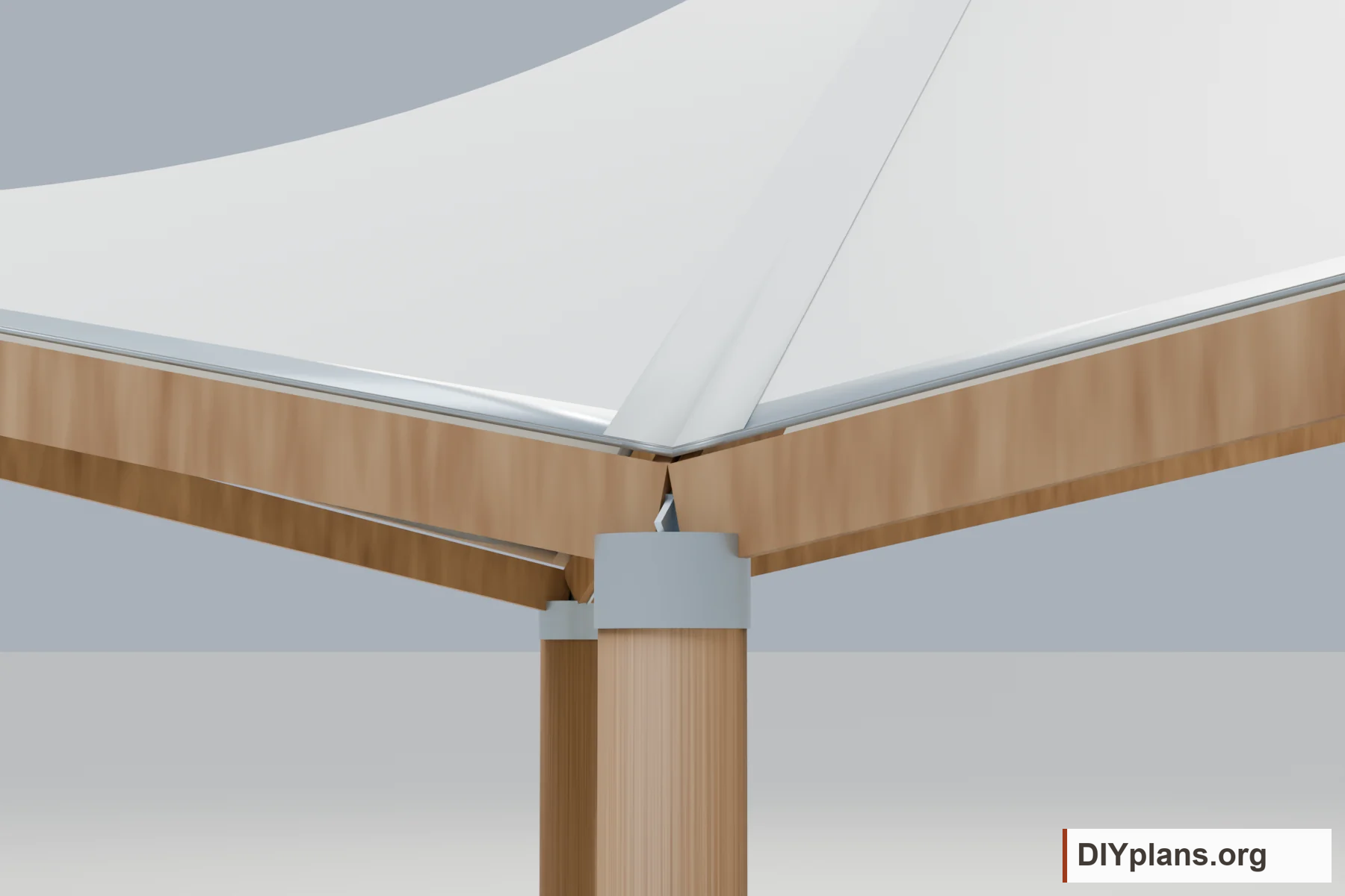 Close-up of a timber post cap and sloping beam connection beneath the membrane edge.