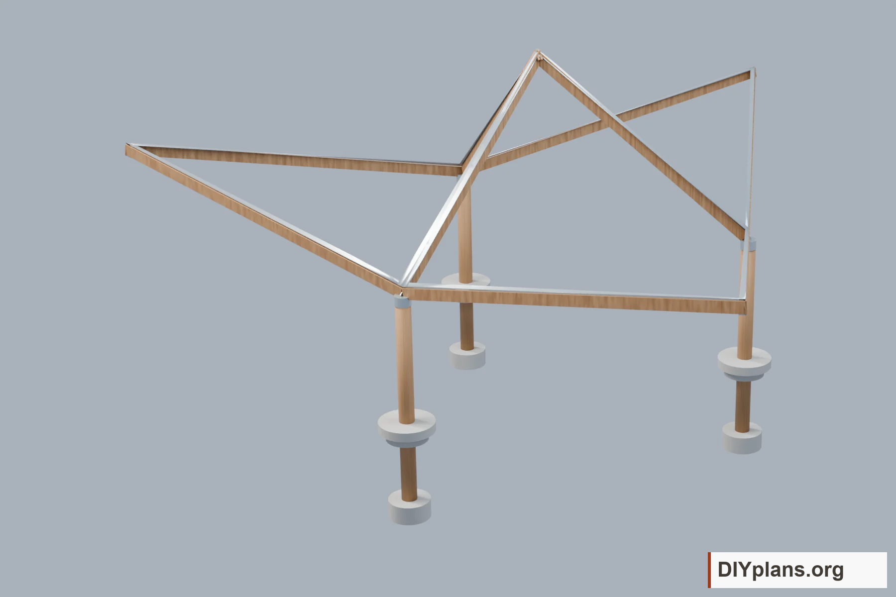 Three timber posts with sloping beams, roof attachment strips and exposed concrete footings.