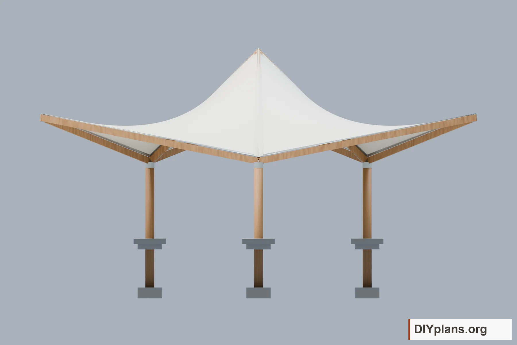 Front elevation of the membrane shelter, with a tall center crown, two raised corners, three timber posts, and exposed footings.