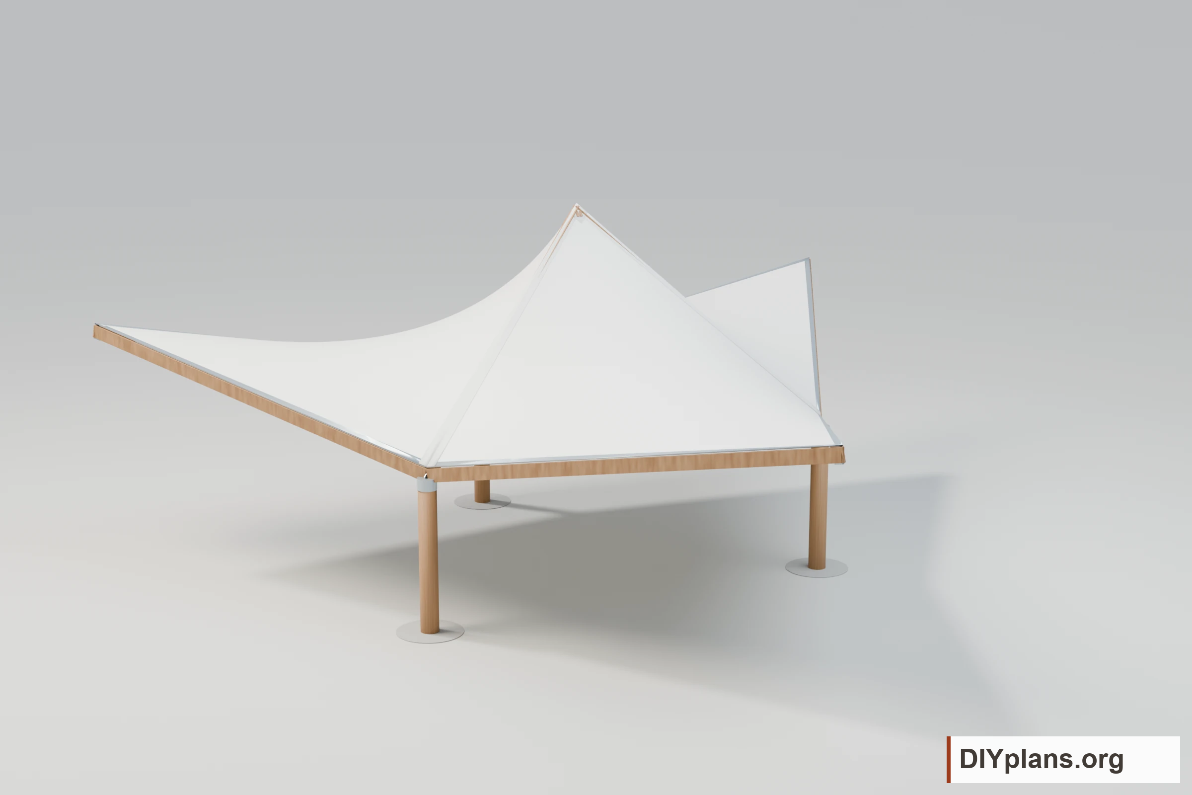 Three-post timber picnic shelter with three smooth white saddle-shaped roof sections meeting at a raised central crown.