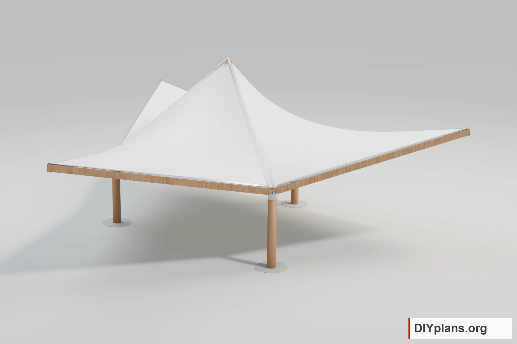 Reverse view of a white three-panel membrane canopy on three timber posts.
