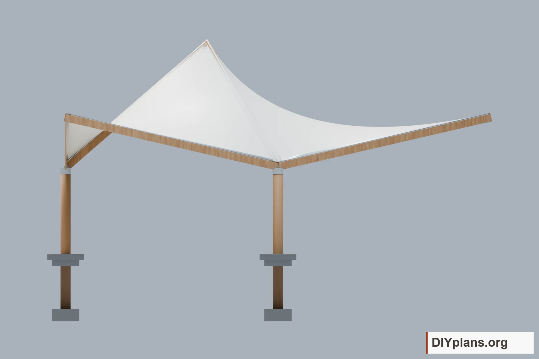 Side elevation of the shelter showing curved membrane panels above the timber frame and exposed footings.