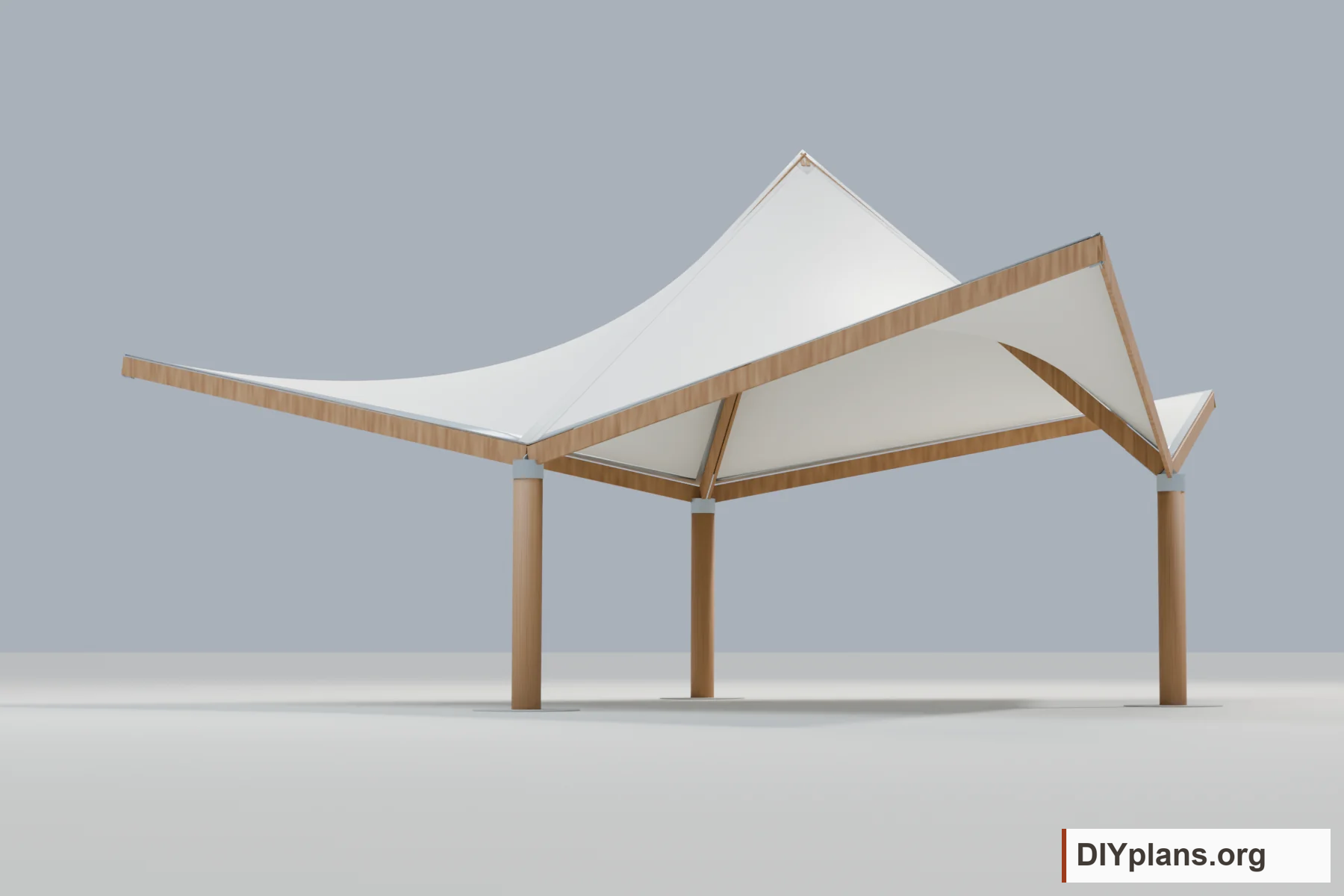 Low view beneath the white canopy showing the three timber posts, sloping crown beams, and perimeter beams.