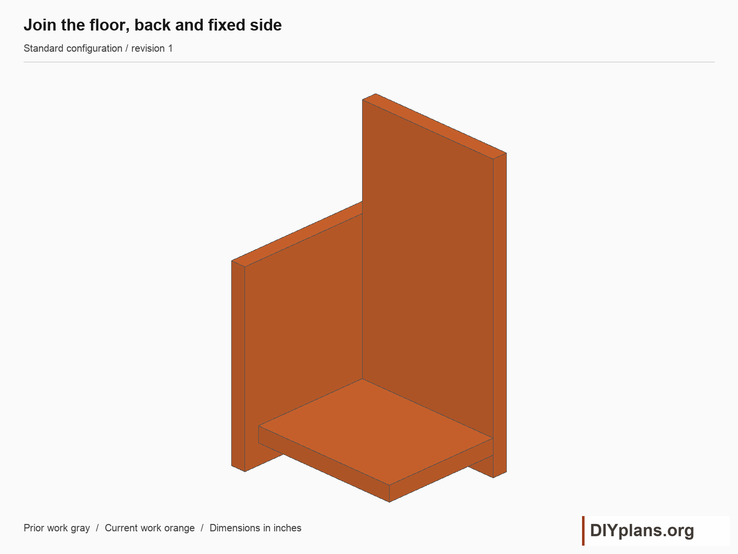 Join the floor, back and fixed side. Current parts shown orange; future parts omitted.