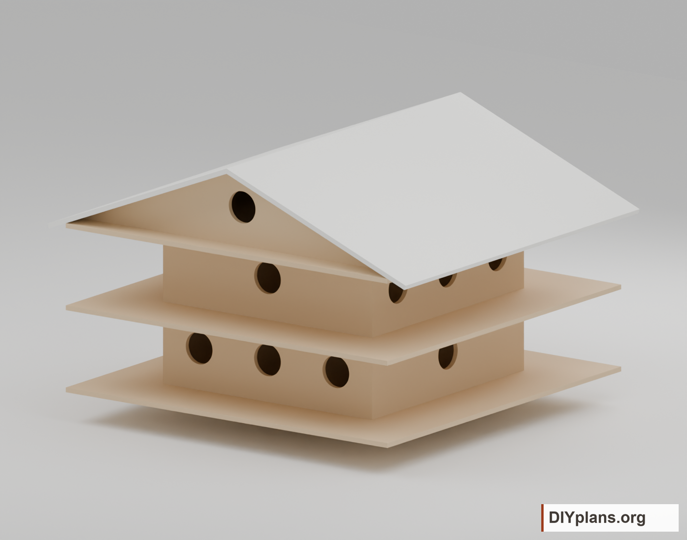 Two-level birdhouse with a pitched roof and round entrances.