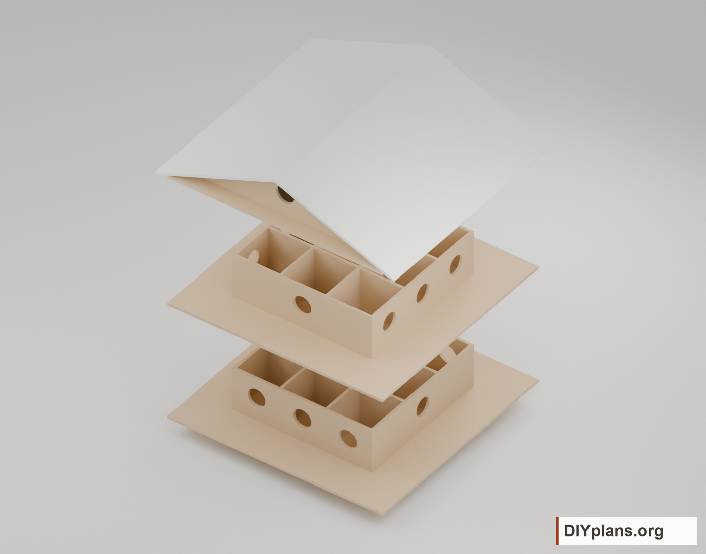 Roof and birdhouse sections separated to show how they stack.