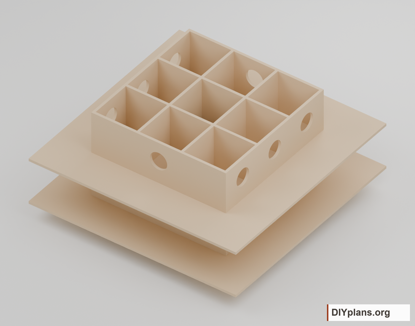 Birdhouse with its roof removed, exposing eight compartments around the central air shaft.