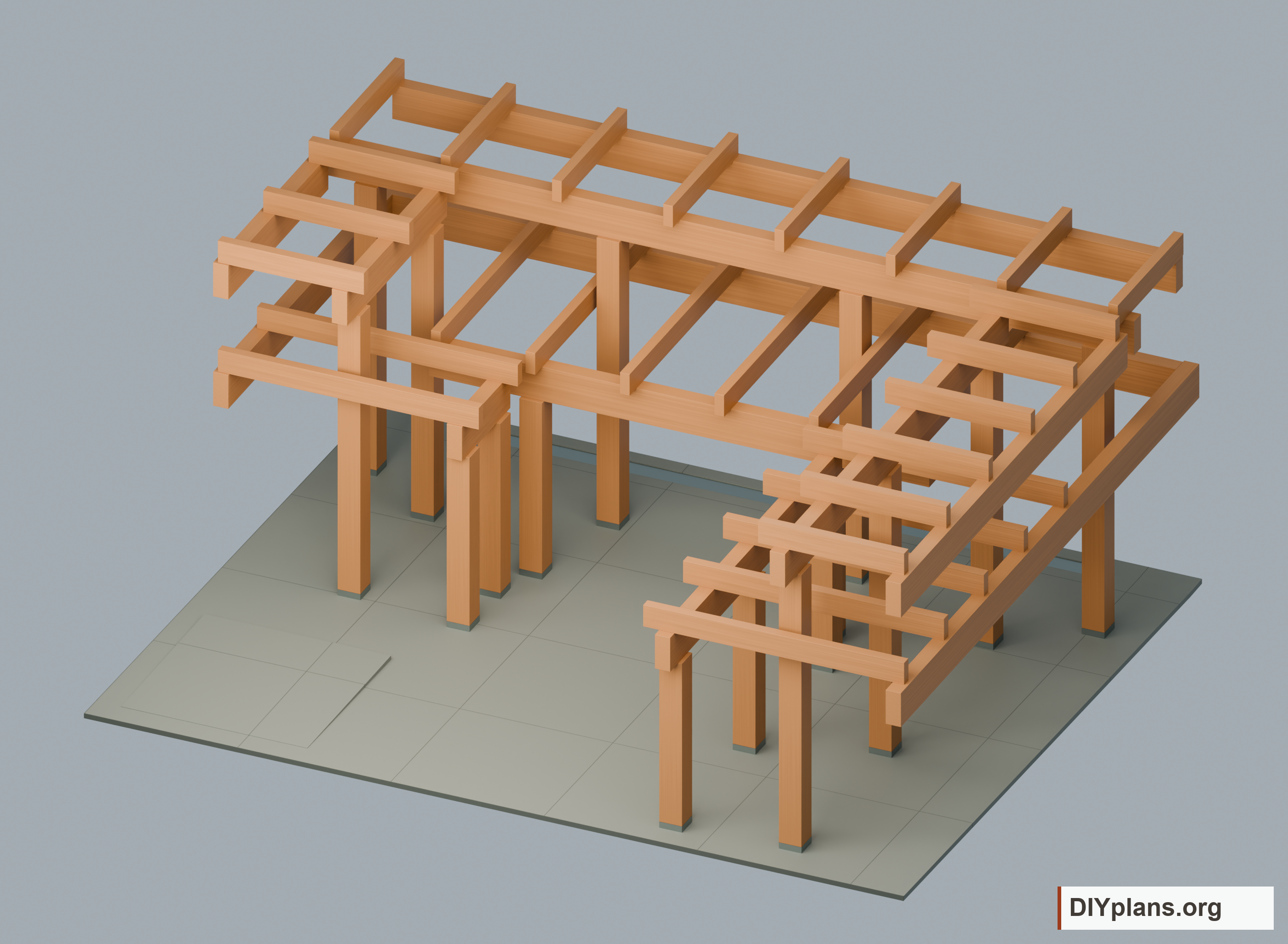 Rear wall ledgers and straight posts supporting the bench beams.