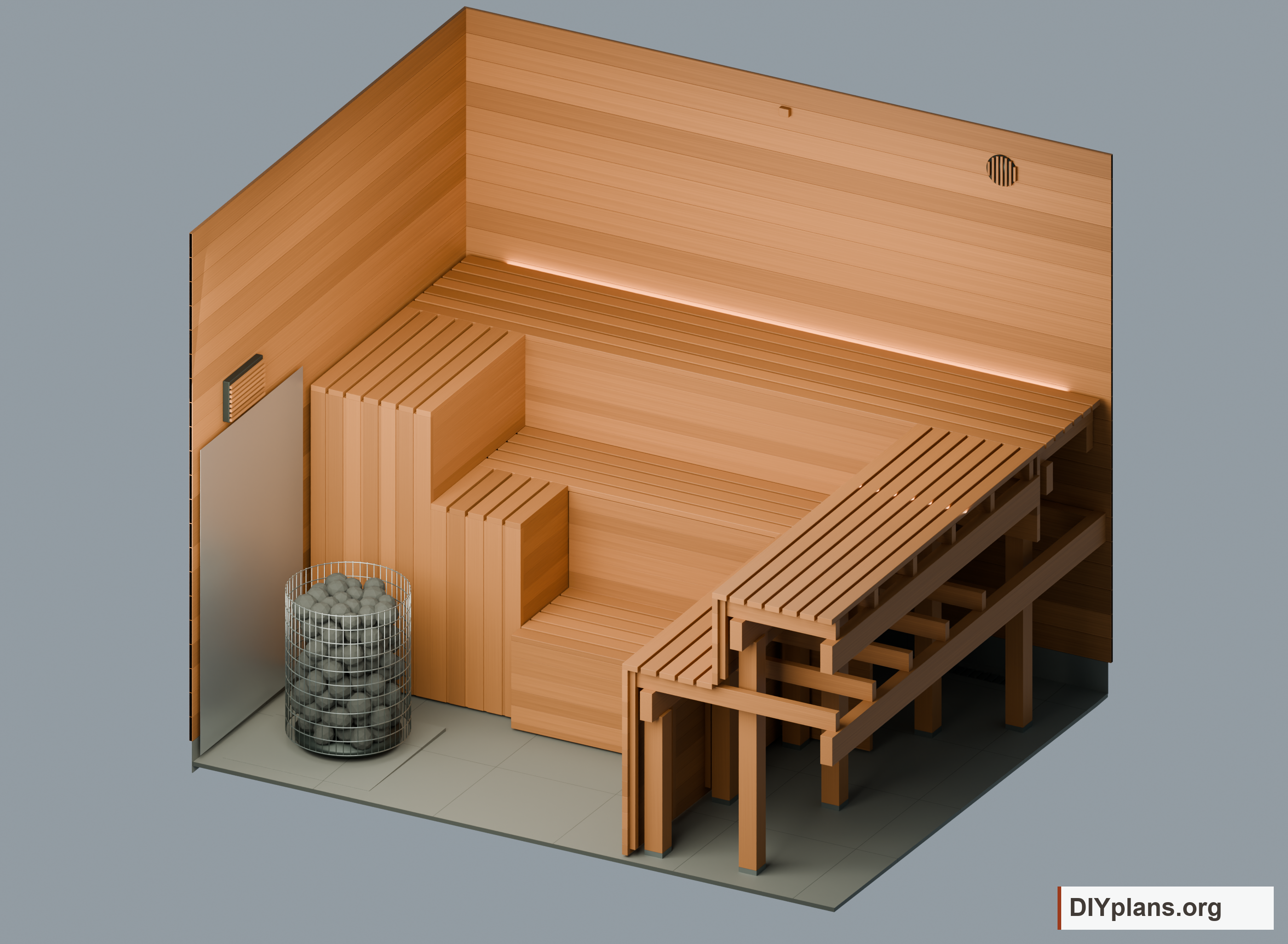 Cedar sauna with U-shaped seating and vertical supports visible where the right wall is cut away.
