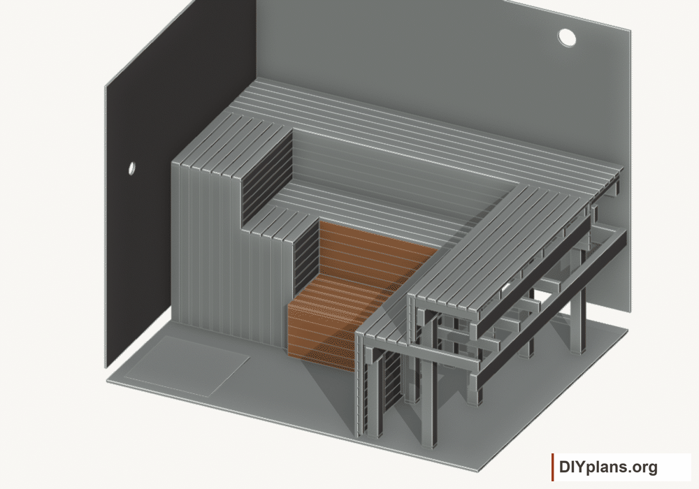 Lowest step and attached rear panel sliding forward, lifting and moving clear.