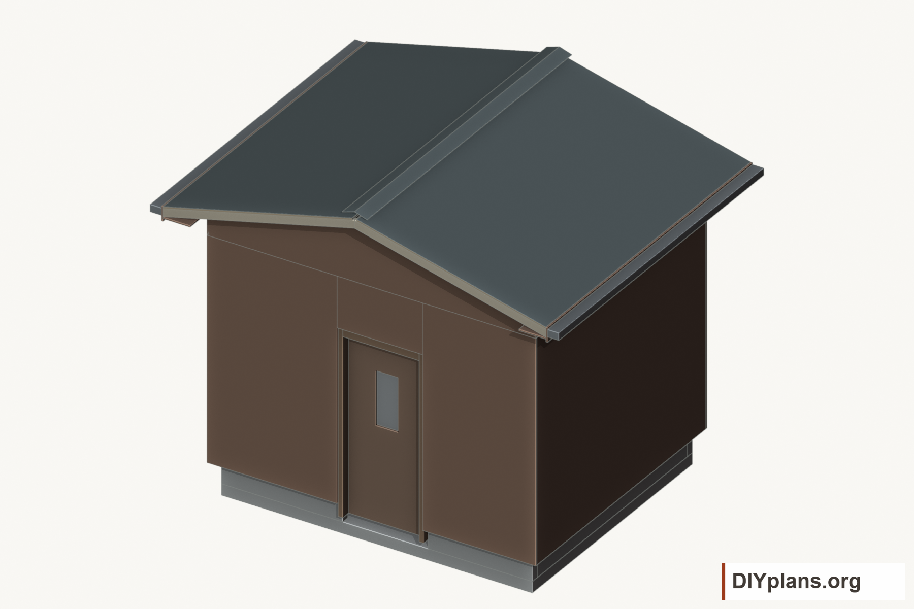 Outdoor sauna with a gable roof and an outward-opening front door.
