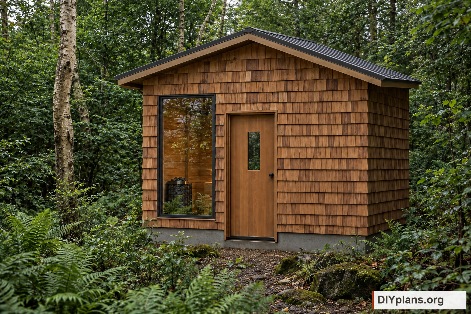 AI-generated inspiration scene of a cedar shake sauna with one large window left of the door in a fern-filled forest. AI Generated from CAD files for inspiration