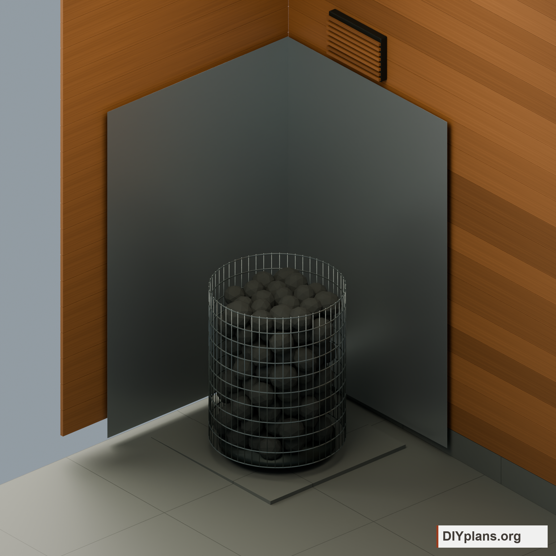 Electric sauna heater with brushed stainless corner heat shields.