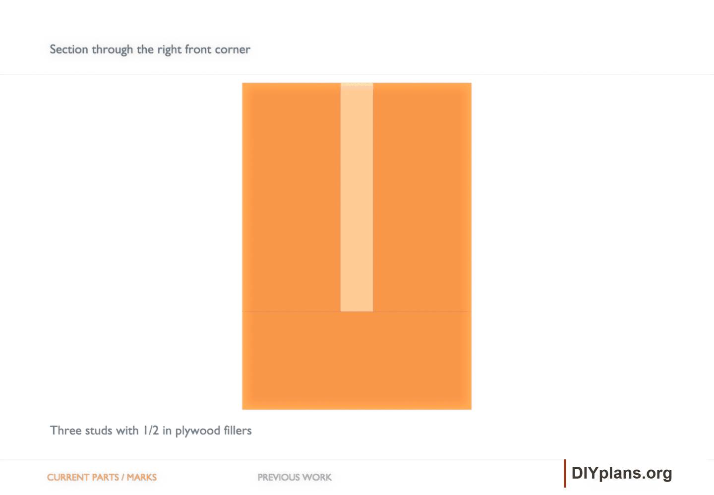 Section through the right front corner. Orange identifies the current parts or layout marks; gray shows earlier work.