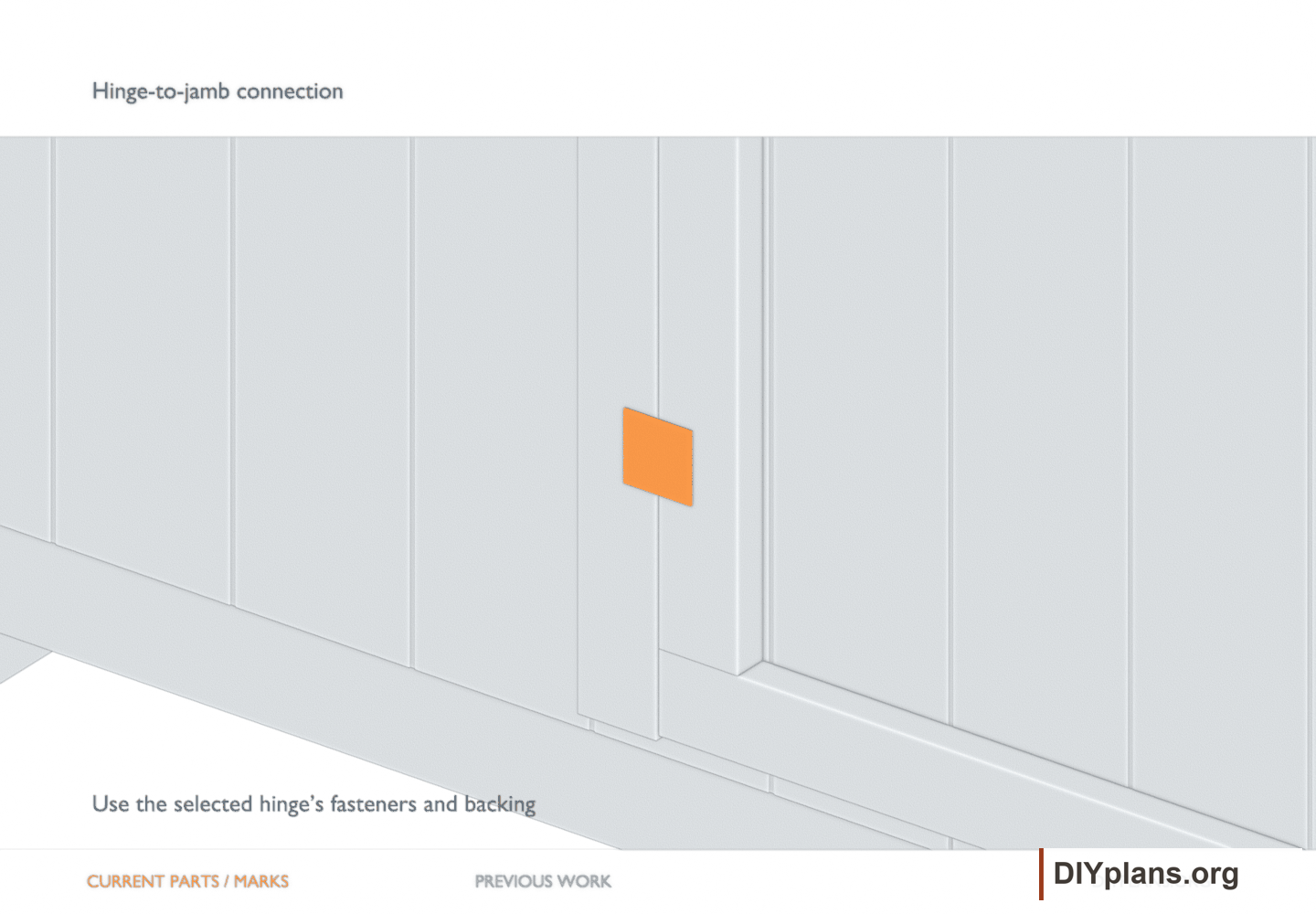 Hinge-to-jamb connection. Orange identifies the current parts or layout marks; gray shows earlier work.