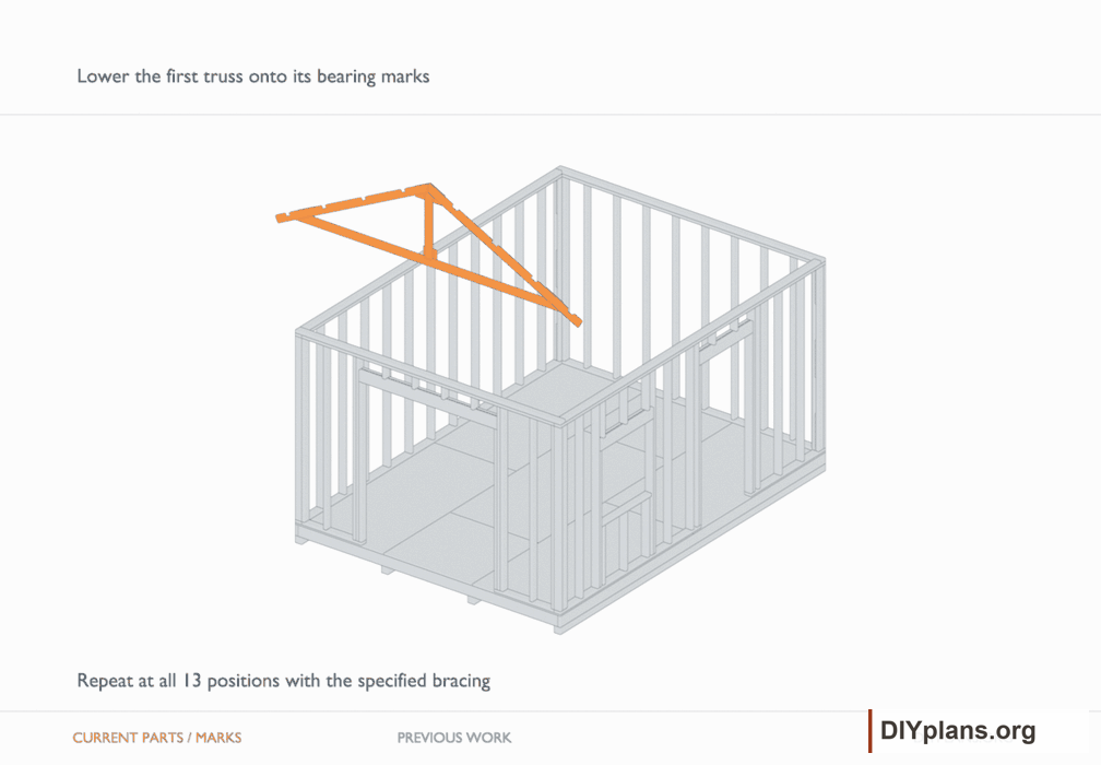 Lower the first truss onto its bearing marks. Orange identifies the current parts or layout marks; gray shows earlier work. Arrange the lifting equipment and temporary bracing described in the step.