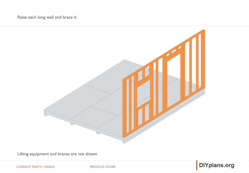 Raise each long wall and brace it. Orange identifies the current parts or layout marks; gray shows earlier work. Arrange the lifting equipment and temporary bracing described in the step.