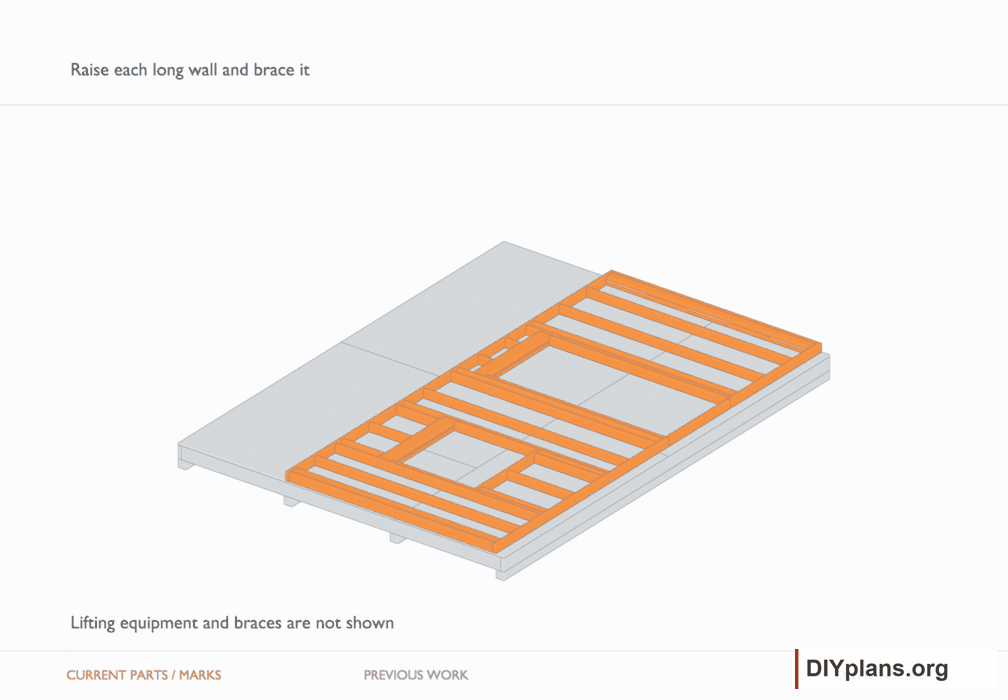 Raise each long wall and brace it. Orange identifies the current parts or layout marks; gray shows earlier work. Arrange the lifting equipment and temporary bracing described in the step.