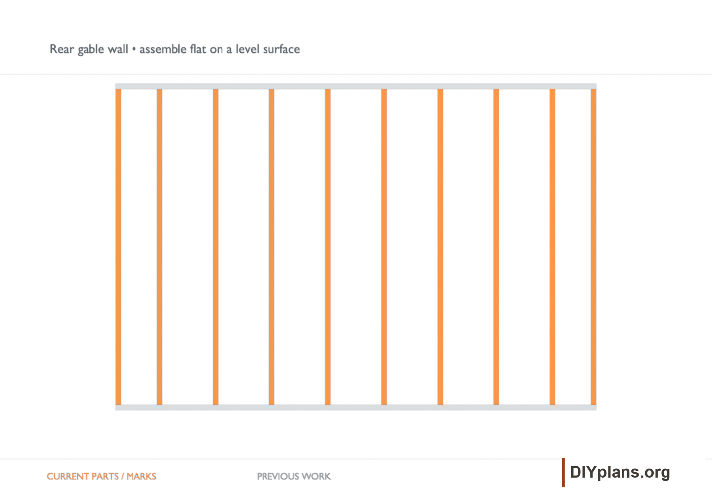 Rear gable wall • assemble flat on a level surface. Orange identifies the current parts or layout marks; gray shows earlier work.