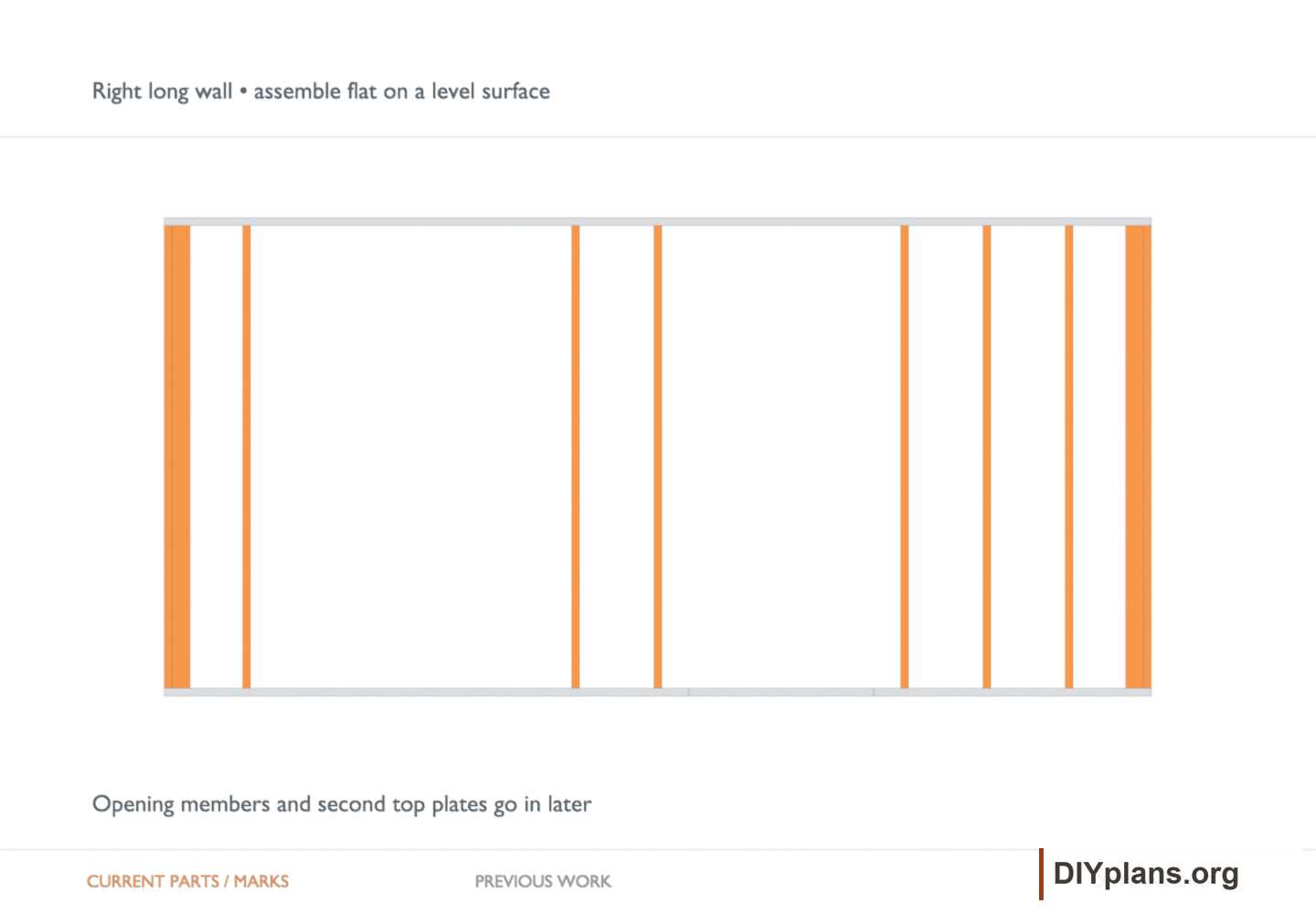 Right long wall • assemble flat on a level surface. Orange identifies the current parts or layout marks; gray shows earlier work.