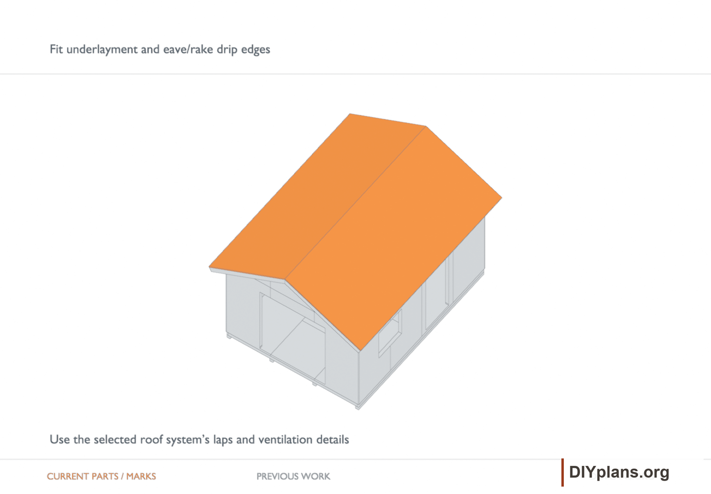 Fit underlayment and eave/rake drip edges. Orange identifies the current parts or layout marks; gray shows earlier work.