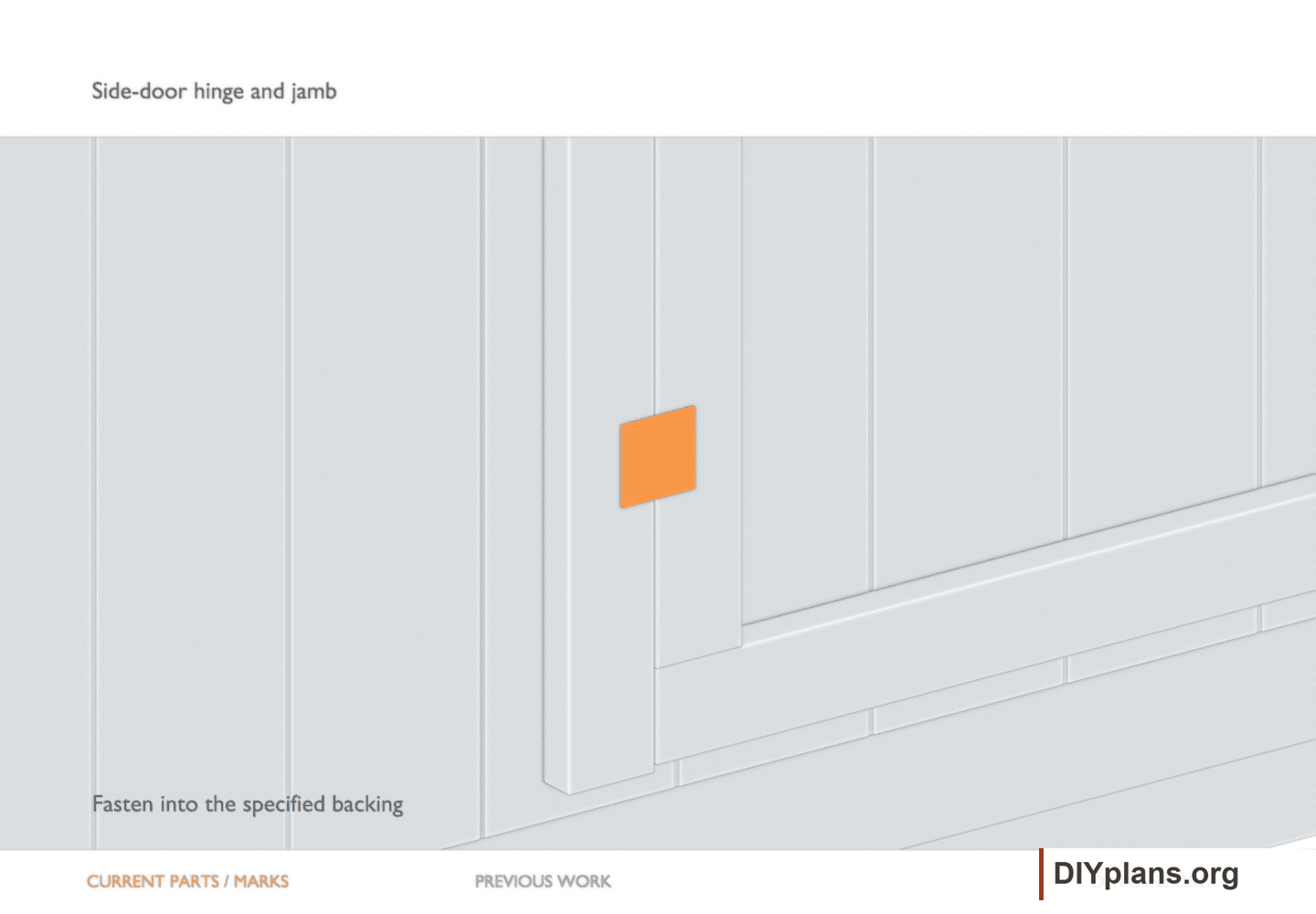 Side-door hinge and jamb. Orange identifies the current parts or layout marks; gray shows earlier work.