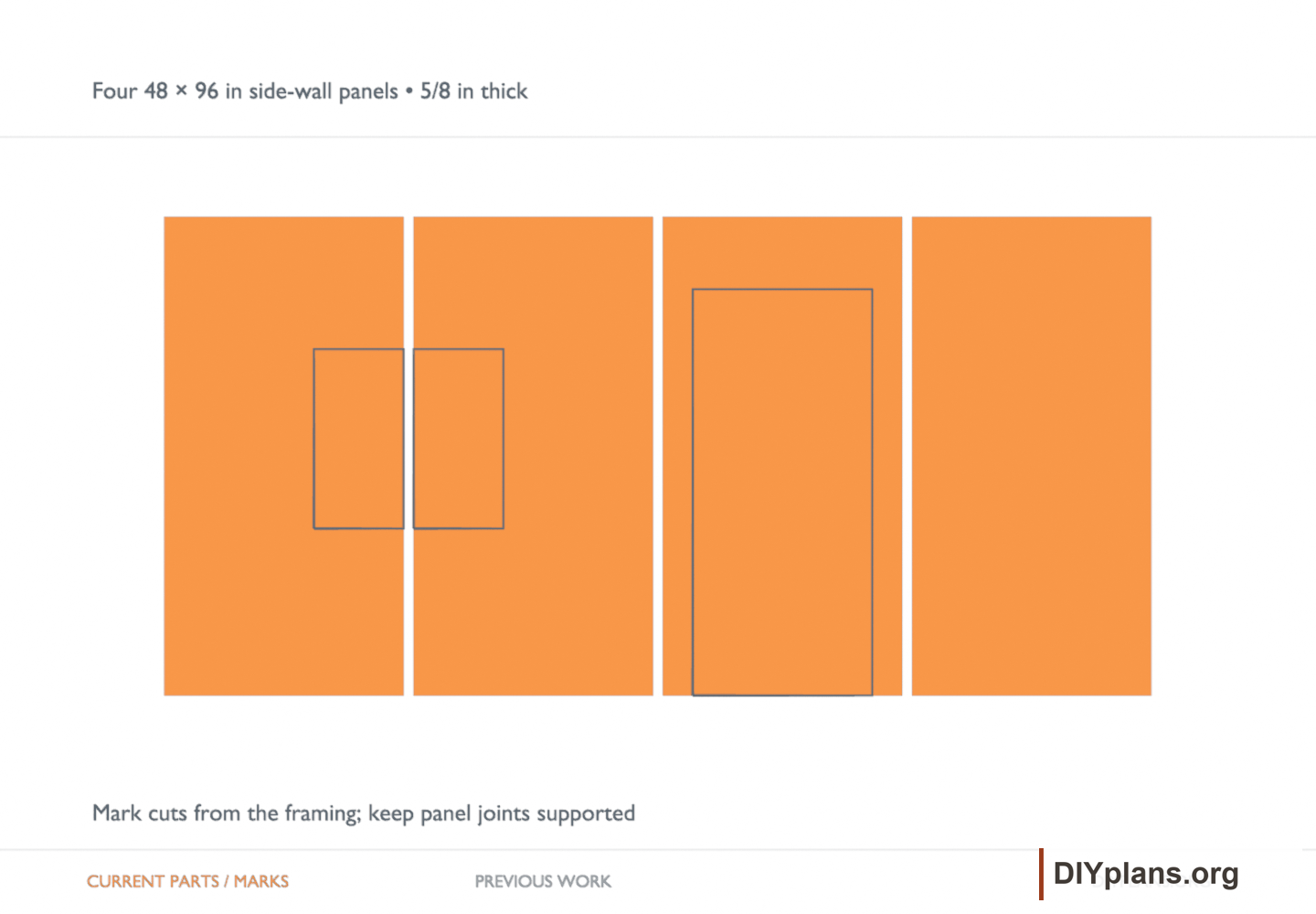 Four 48 × 96 in side-wall panels • 5/8 in thick. Orange identifies the current parts or layout marks; gray shows earlier work.