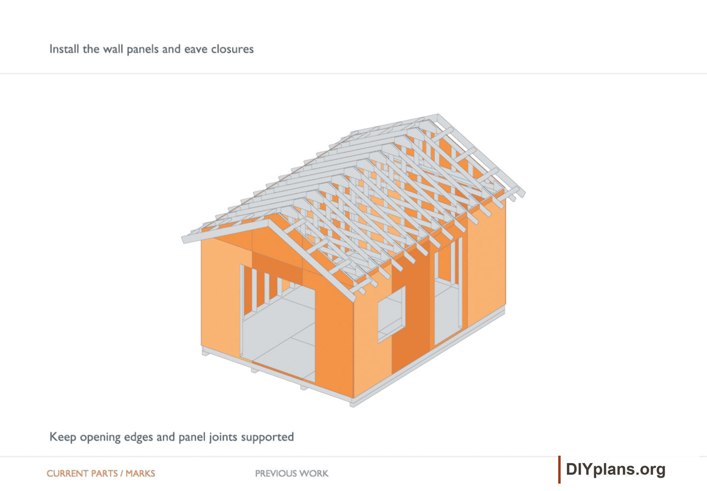 Install the wall panels and eave closures. Orange identifies the current parts or layout marks; gray shows earlier work.