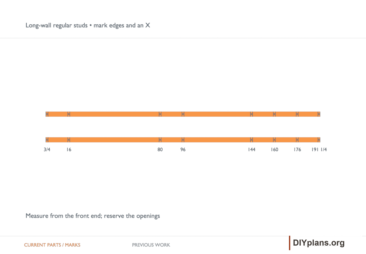 Long-wall regular studs • mark edges and an X. Orange identifies the current parts or layout marks; gray shows earlier work.