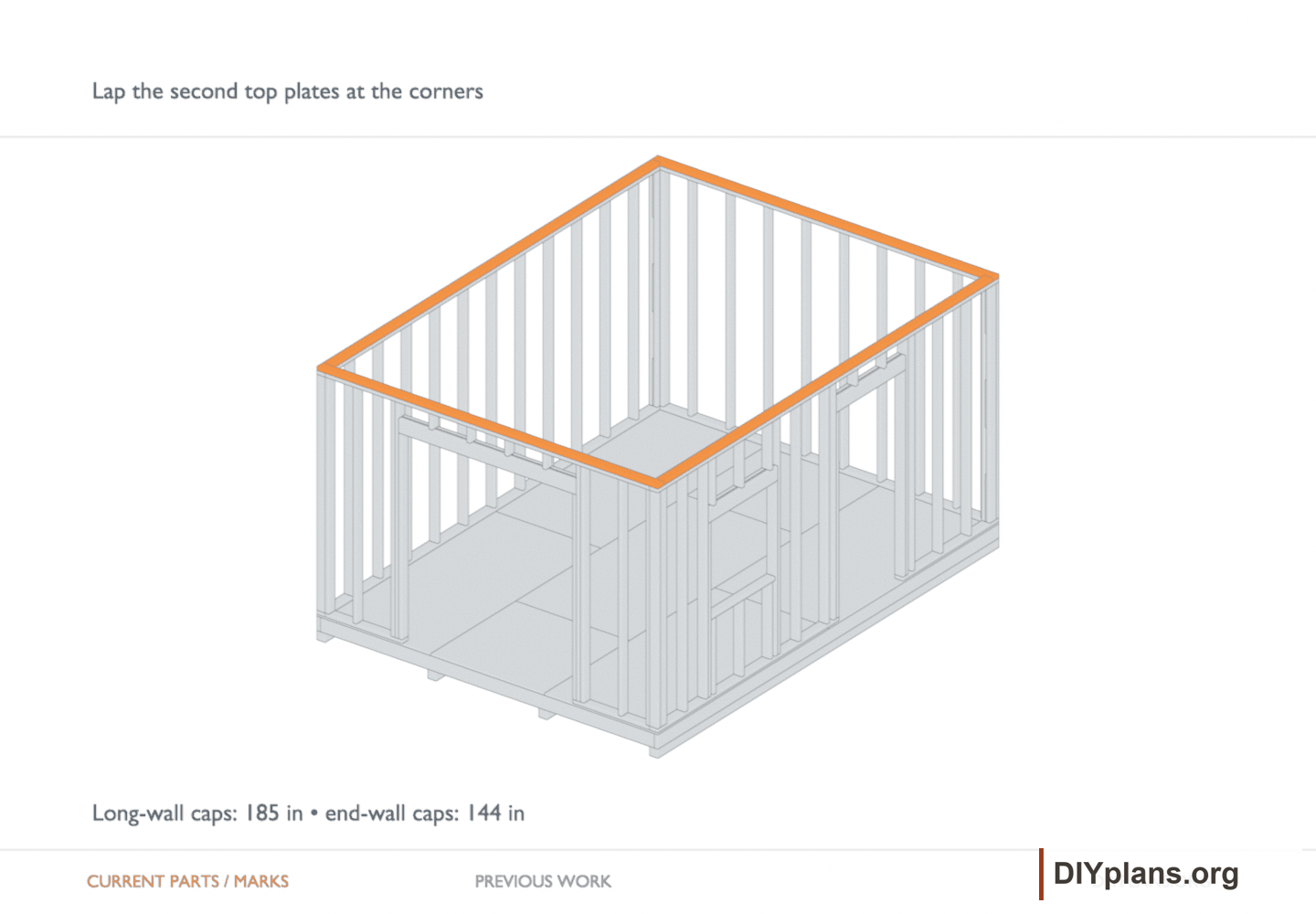 Lap the second top plates at the corners. Orange identifies the current parts or layout marks; gray shows earlier work.