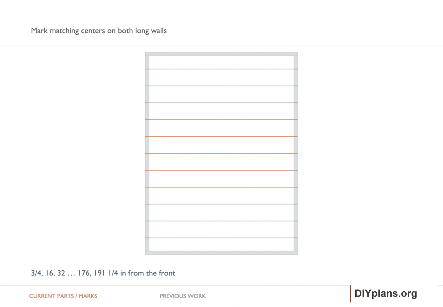 Mark matching centers on both long walls. Orange identifies the current parts or layout marks; gray shows earlier work.