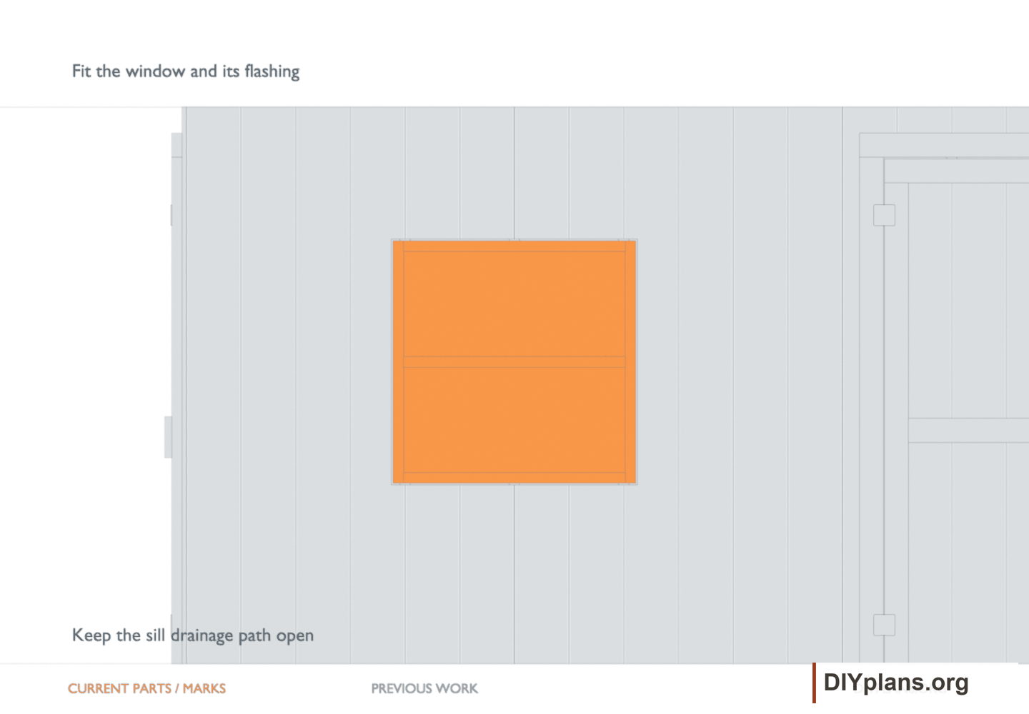 Fit the window and its flashing. Orange identifies the current parts or layout marks; gray shows earlier work.