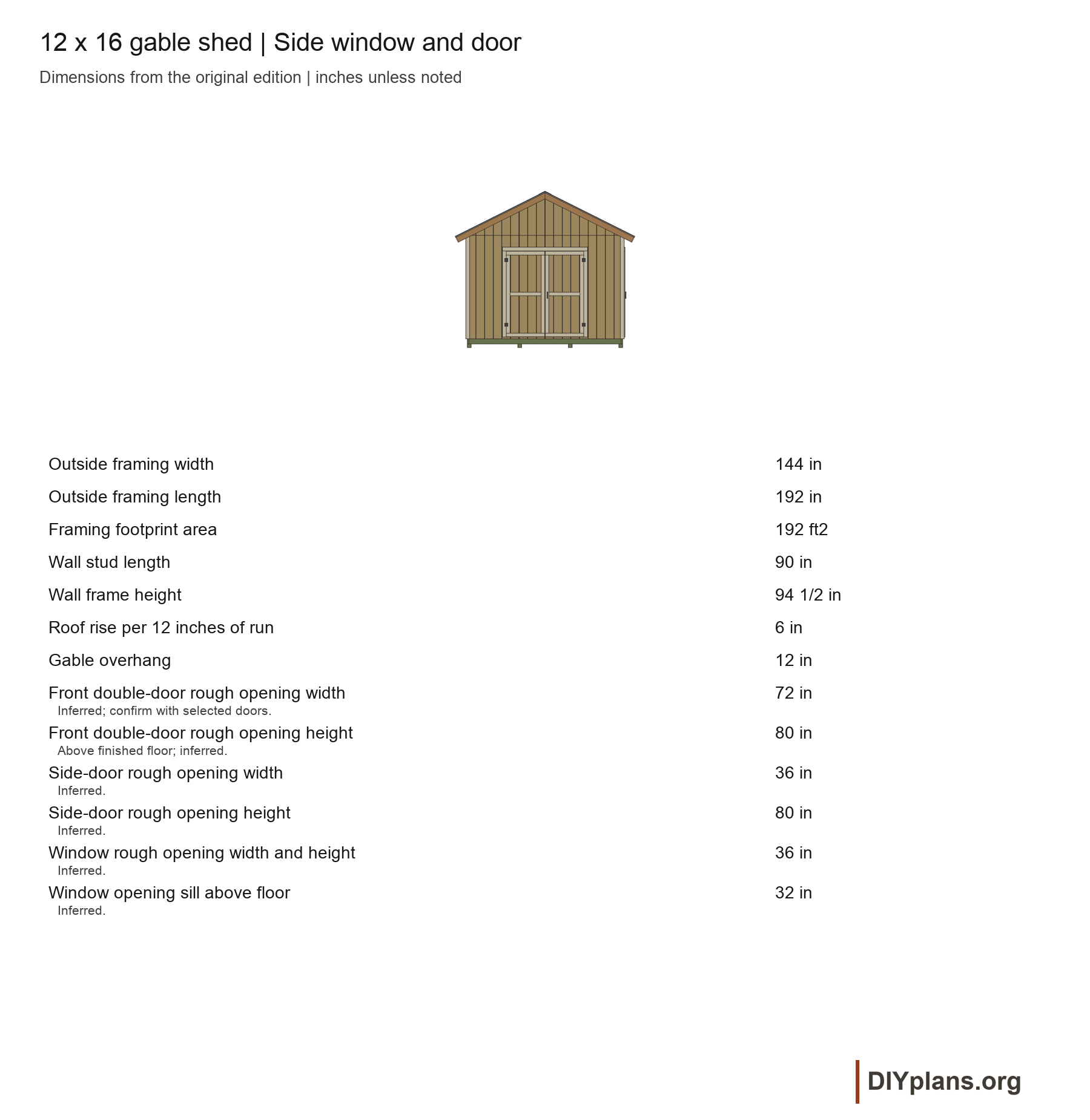 Original front elevation and unchanged dimension schedule.