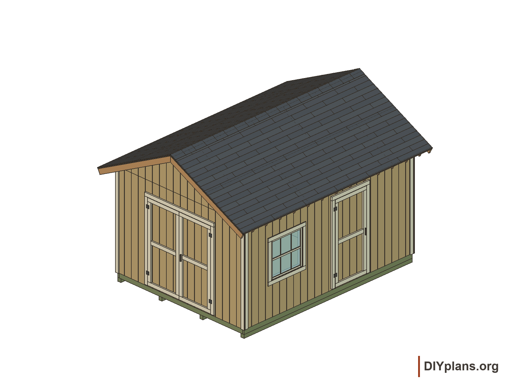 12×16 shed with front double doors and a window and single entry door on the right-hand side wall.