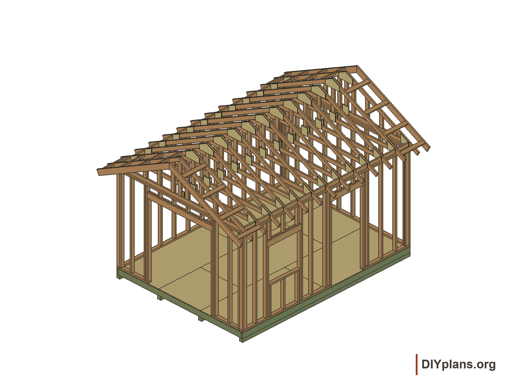 Exposed skid base, floor, wall framing and gable roof of the side window and door variant.