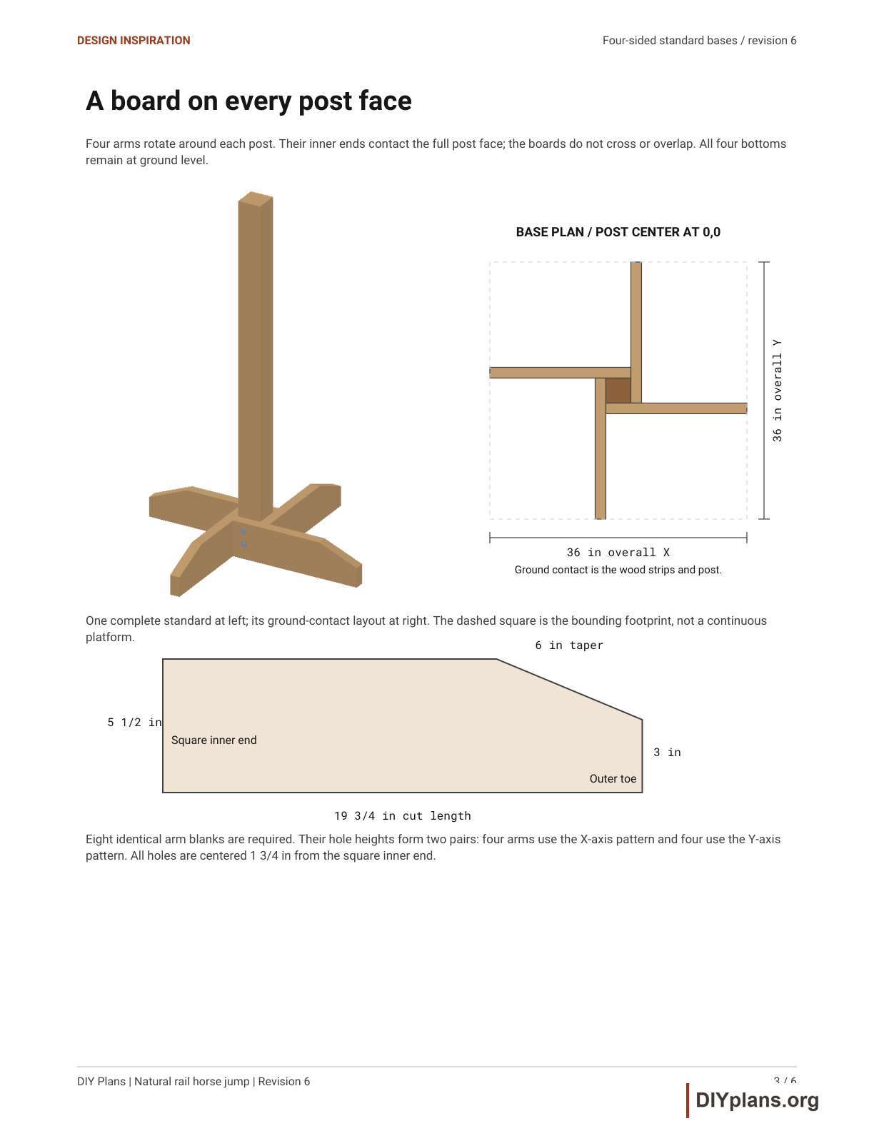 Four-arm base plan and tapered arm dimensions