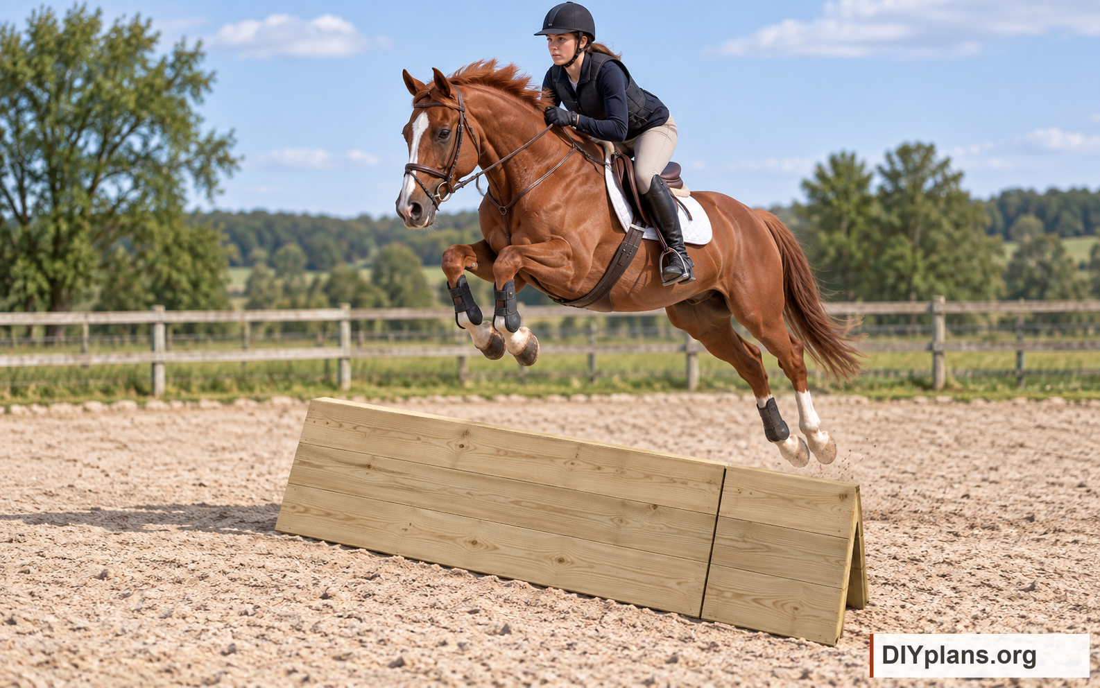 A horse and rider clearing the low coop jump in an arena. AI Generated from CAD files for inspiration