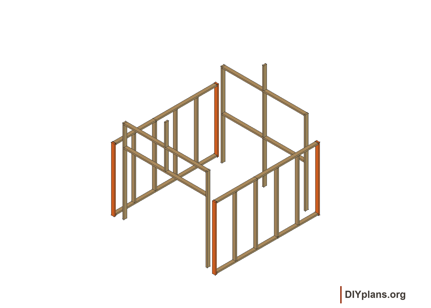 Four external corner studs, highlighted with siding hidden.