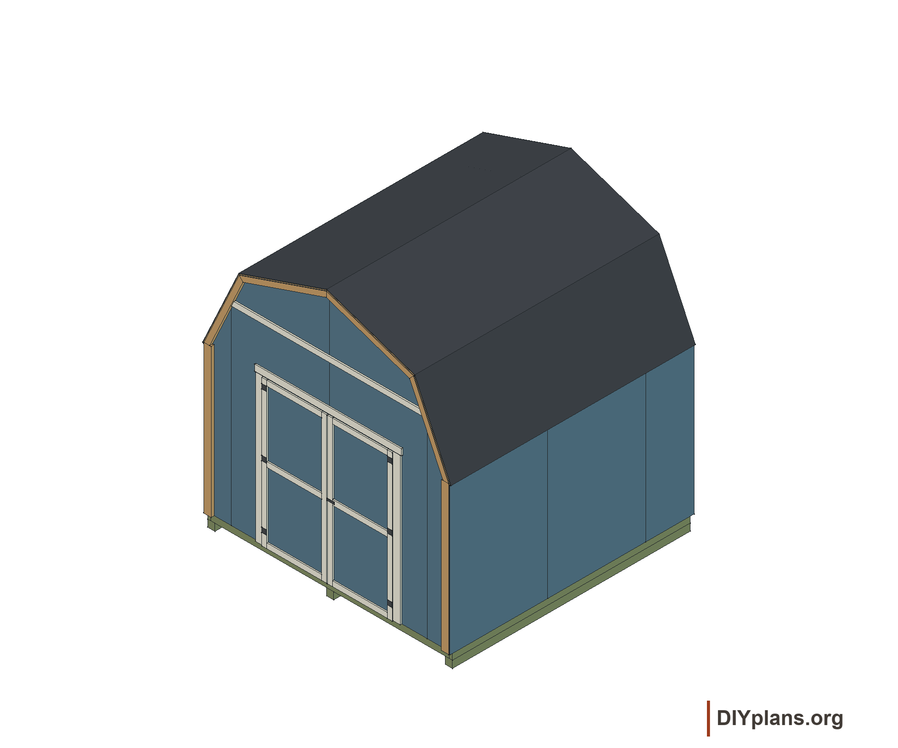 Completed shed with double doors and gambrel roof.