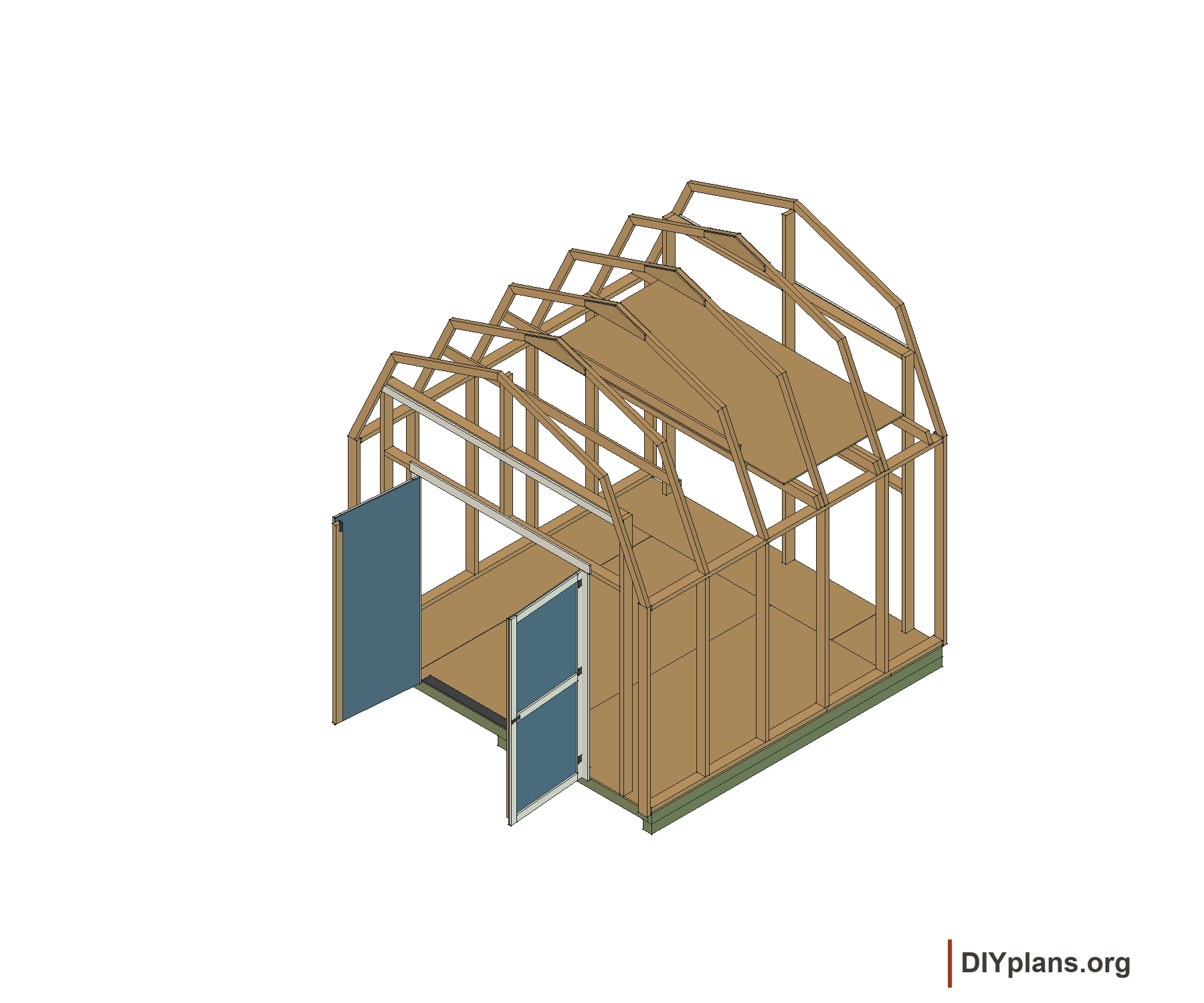 2×4 wall framing, four corner studs and rear loft.