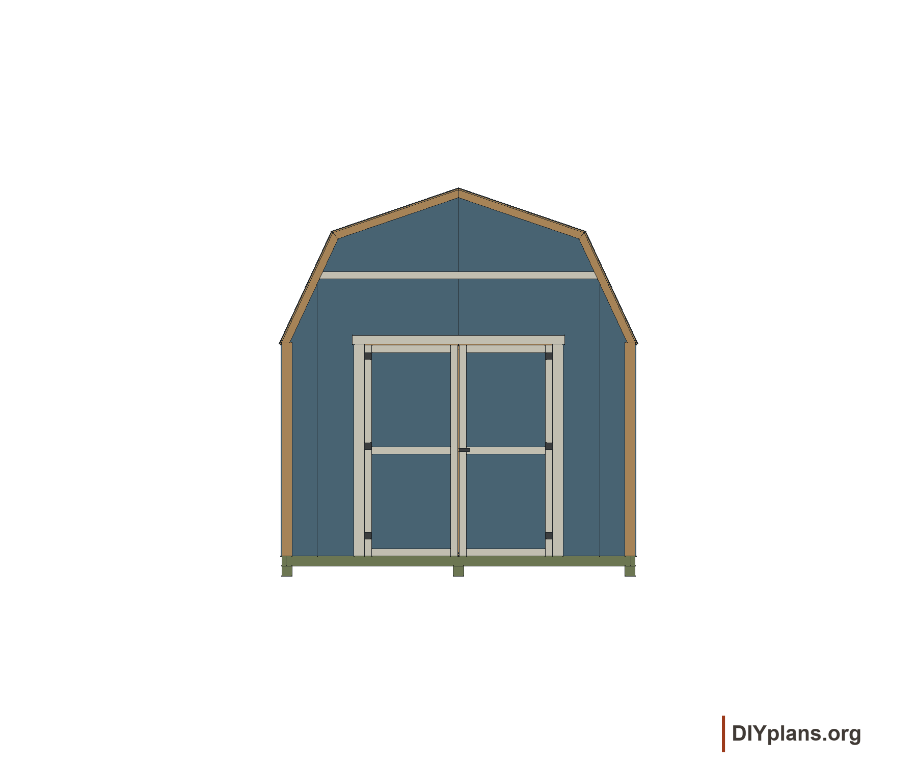 Front elevation with door opening and roof profile.