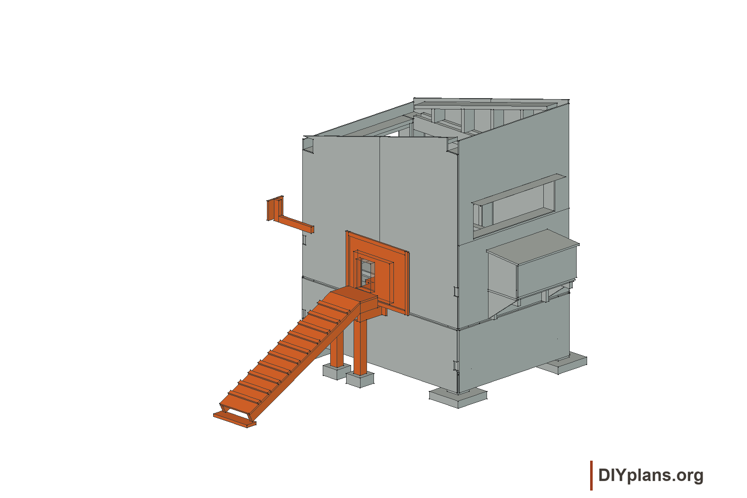 Install the Omlet door and ramp; completed roof or wall parts are omitted for visibility.