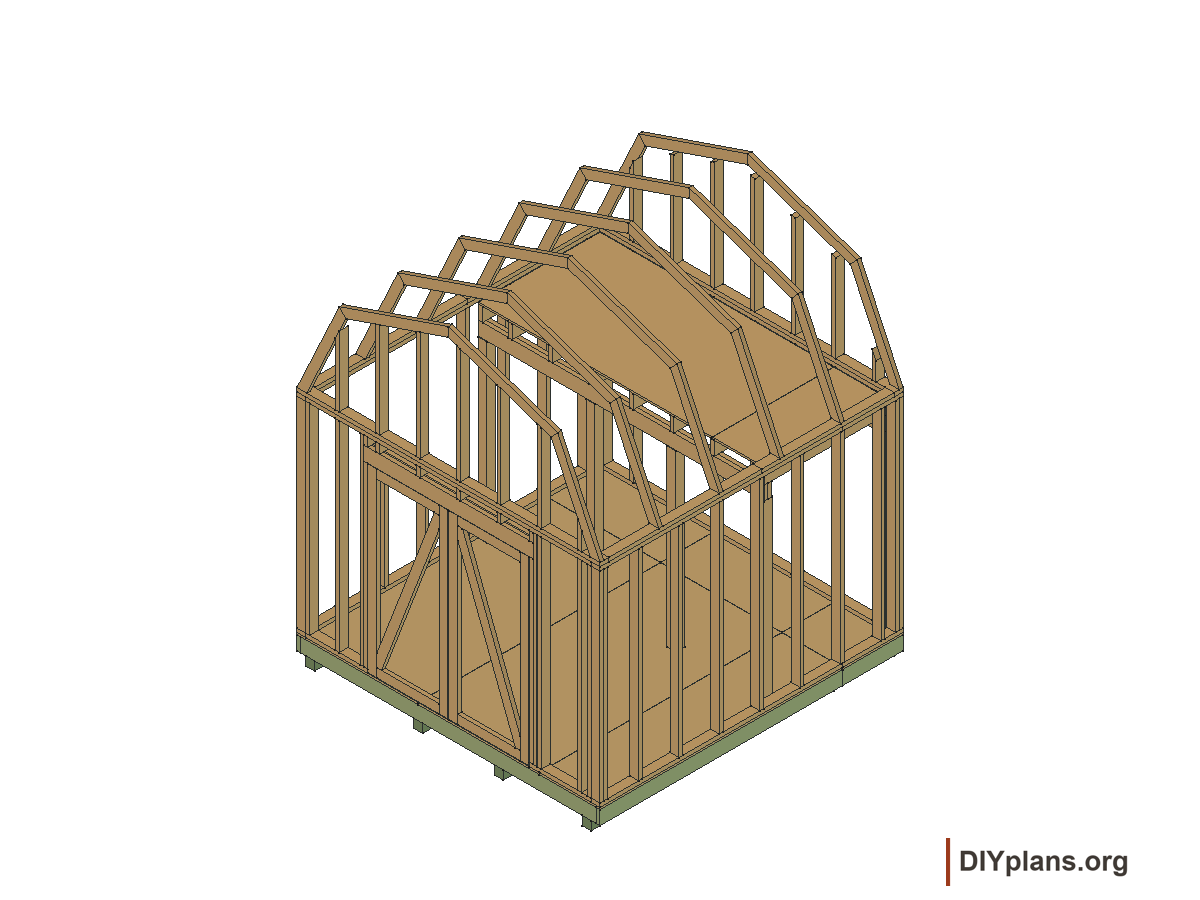 10 by 10 foot gambrel shed, framing and loft