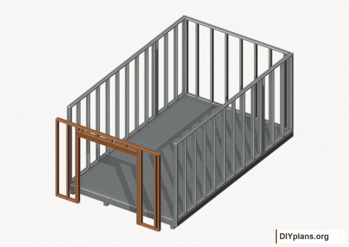Assemble and raise the front wall. Current components orange; earlier work gray. Movement.