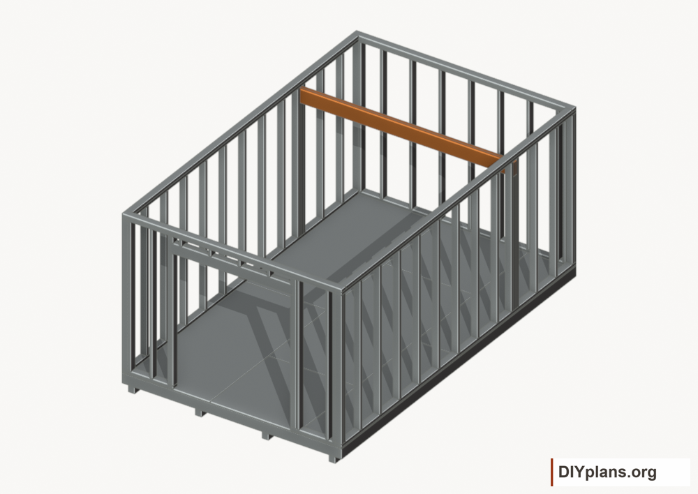 Seat the wall-supported loft beam. Current components orange; earlier work gray.